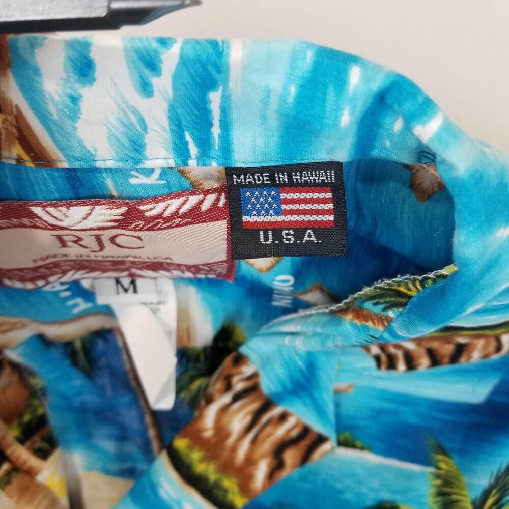 RJC Hawaiian Aloha Shirt Mens Medium Blue Island Map Floral Cotton Made USA - Picture 5 of 11